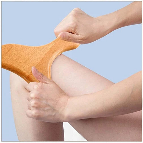 Orange foot stretcher being used on different parts of the body against a light blue background